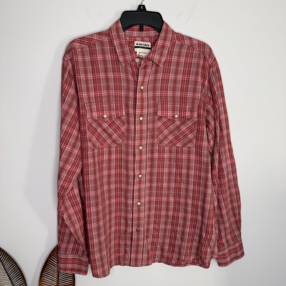 Ariat Mens Retro Fit Red Plaid Long Sleeve Western Snap Button Shirt Large